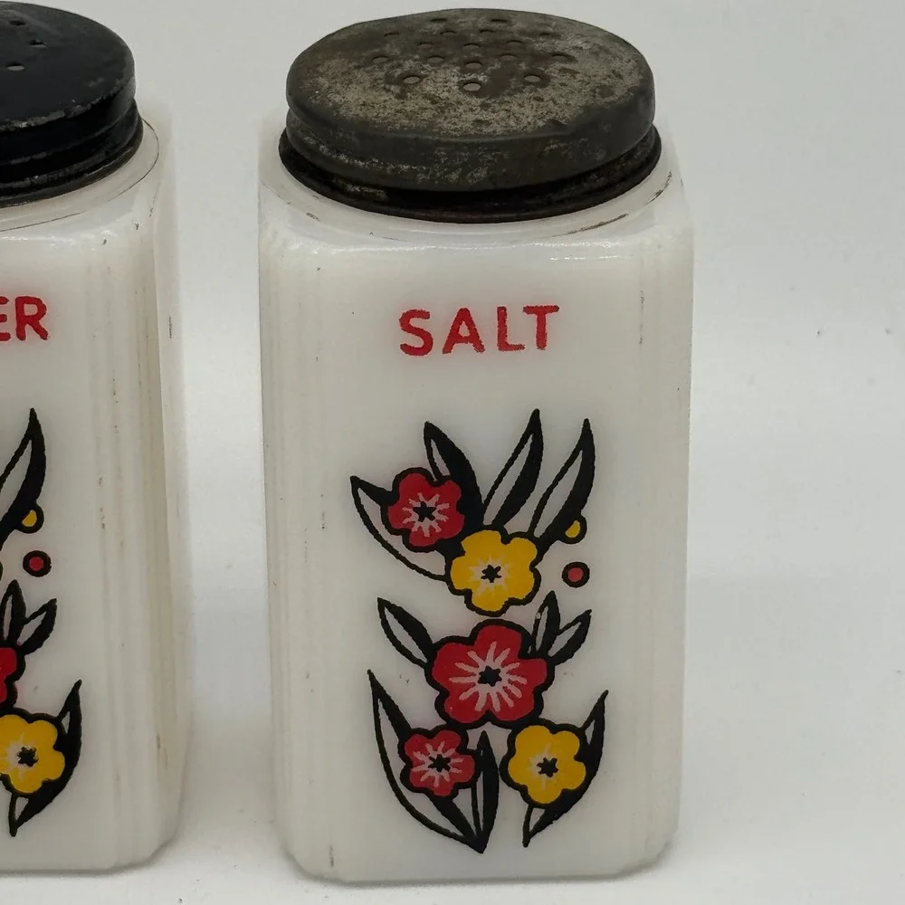 Vintage McKee Tipp City Milk Glass Sugar Salt Pepper Range Shaker Set Flower 40s